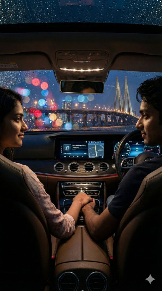 Option 6: The Midnight Drive - Trend: Neon & Rain | Vibe: City skyline, car interior, leather seats, raindrops on glass, bokeh