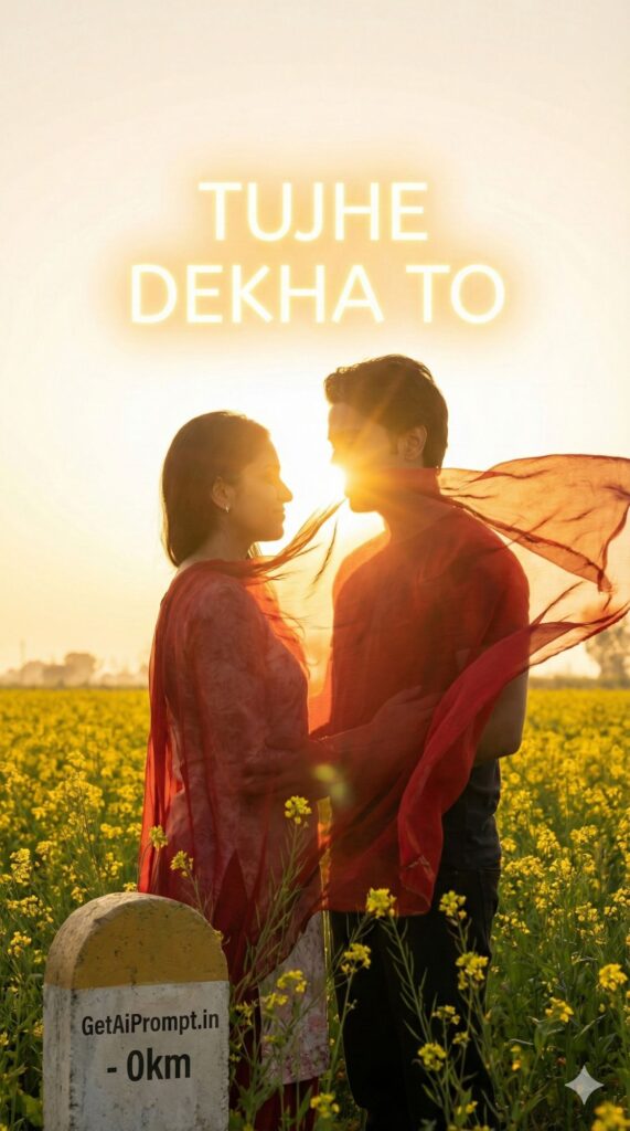 Option 9: The Golden Hour Fields - Trend: DDLJ Nostalgia | Vibe: Mustard fields (Sarson), sunset breeze, flying dupatta, warm glow