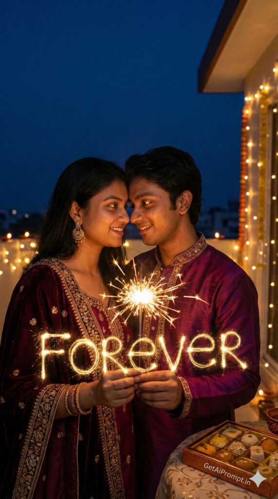 Option 10: The Rooftop Diwali - Trend: Sparkler & Light | Vibe: Fairy lights, cold night air, warm sparkler, festive finery, reflection