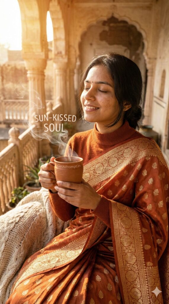 Option 2: The Winter Sunshine - Trend: Terrace Vibes | Vibe: Cozy, soaking sun, silk saree, tea/coffee, candid