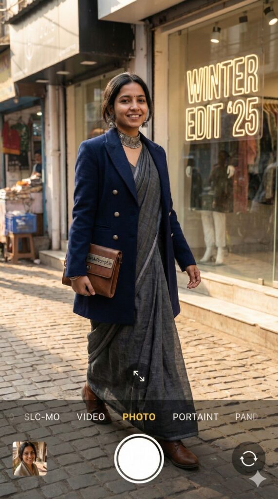 Option 3: The Saree with Jacket - Trend: Modern Fusion | Vibe: Chic, Indo-western, trench coat or blazer, street style