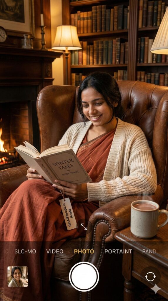 Option 8: The Bookworm - Trend: Cozy Indoors | Vibe: Library, armchair, blanket, books, intellectual