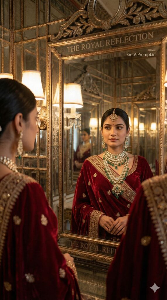 Option 1: The Sheesh Mahal Reflection - Trend: Mirror Psychology | Vibe: Infinite luxury, self-reflection, blinding sparkle, dopamine overload