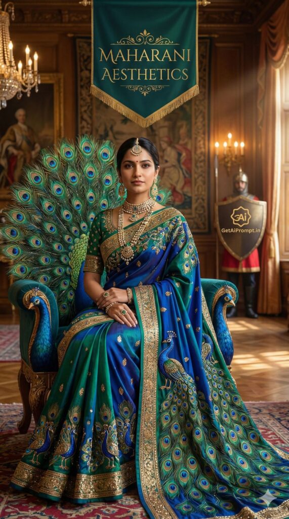 Option 5: The Peacock Throne - Trend: Majestic Colors | Vibe: Vibrant, stunning colors, regal pose, dramatic setting