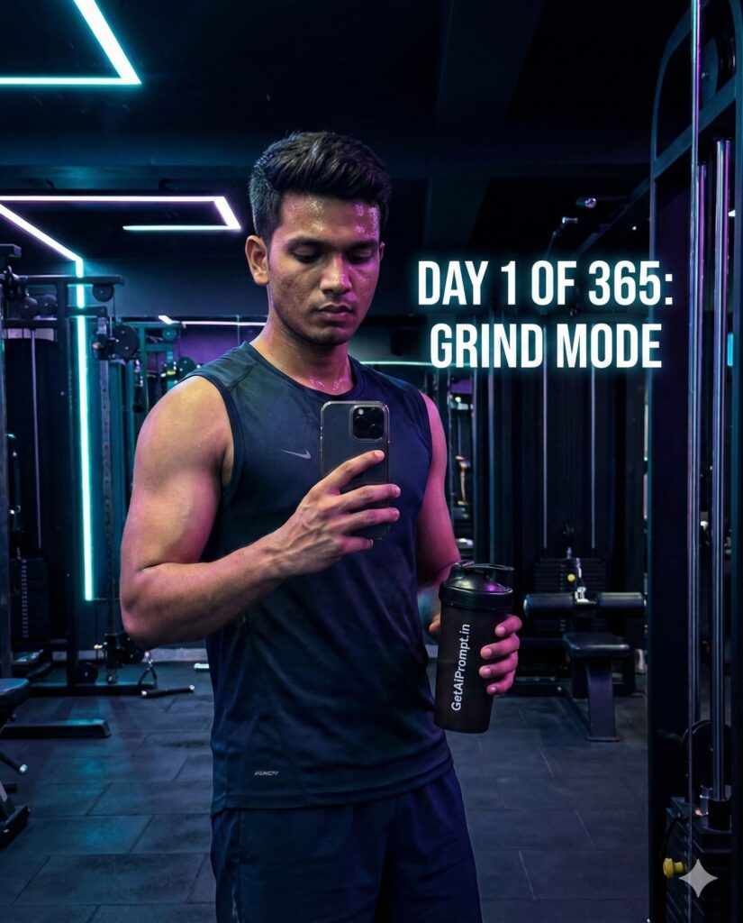 Option 5: The Fitness Resolution - Trend: Gym Selfie | Vibe: Mirror selfie, sweat, determination, 'New Year New Me'