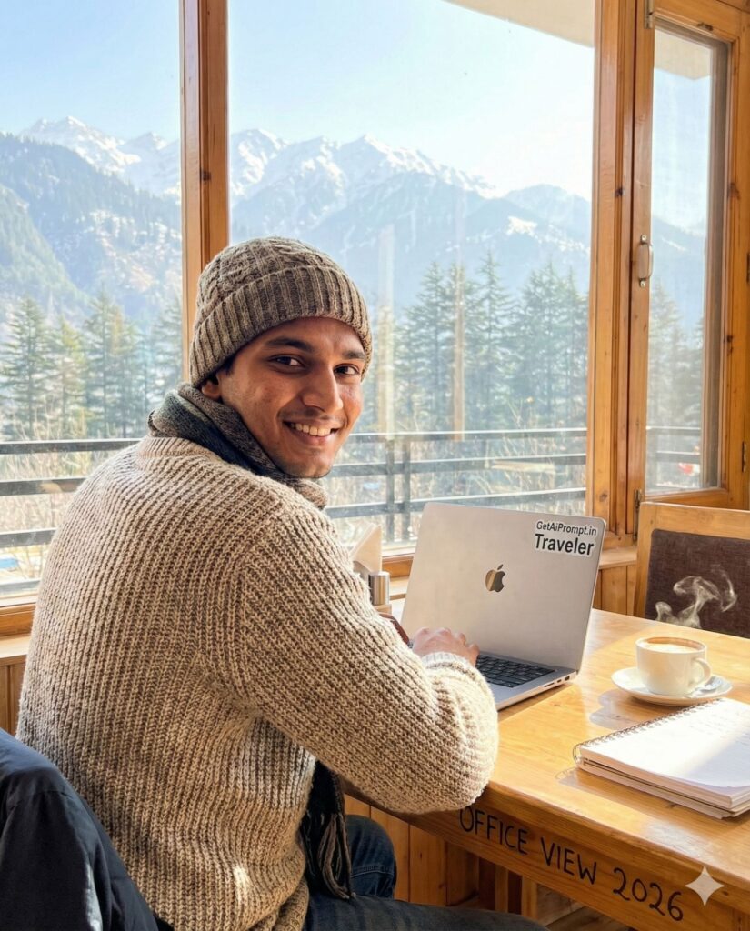 Option 8: The Digital Nomad - Trend: Work from Mountains | Vibe: Laptop, Himalayas view, cafe, aesthetic, freedom