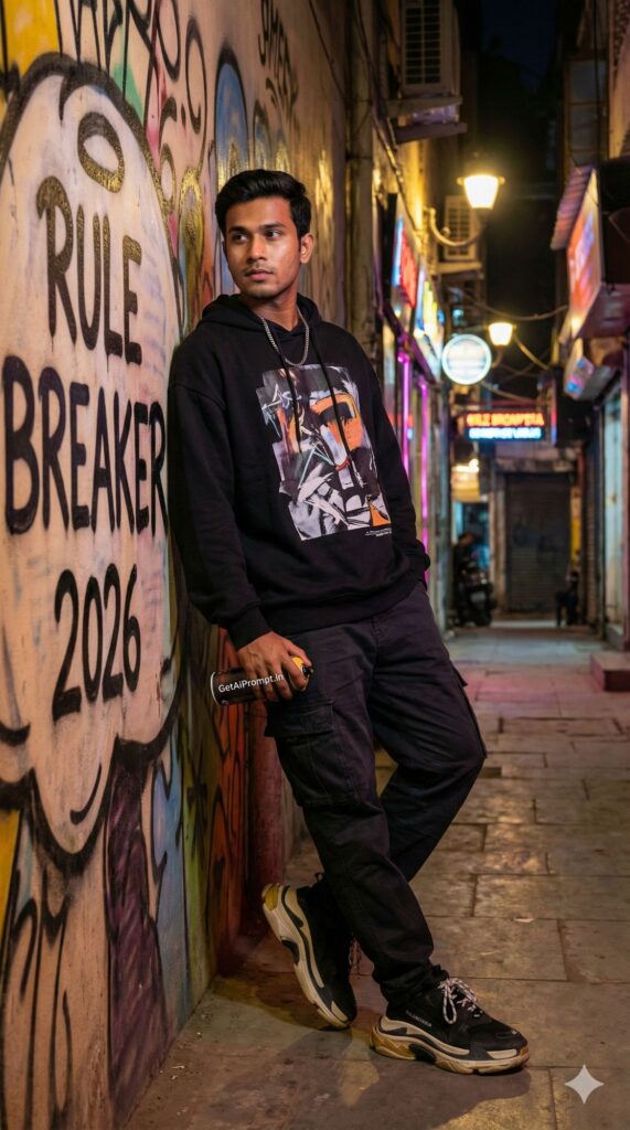 Option 1: The Urban Gabru - Trend: Street Swag | Vibe: Graffiti wall, neon lights, oversized hoodie, cool attitude