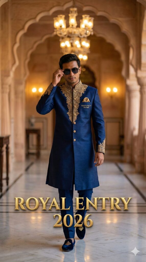 Option 2: The Royal Groom Vibe - Trend: Sherwani Swag | Vibe: Wedding season crossover, regal, heavy embroidery, sunglasses