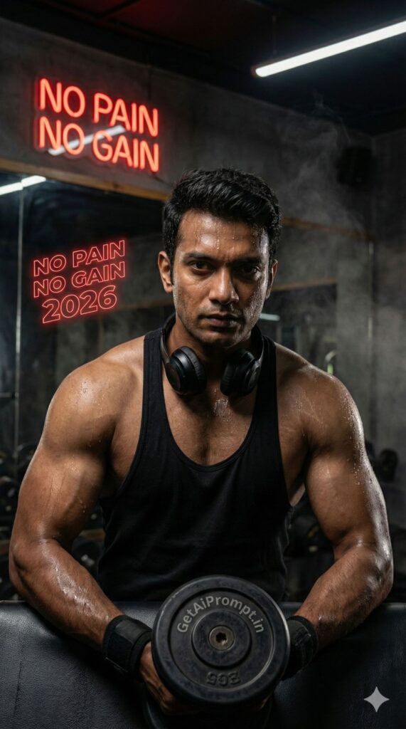 Option 5: The Gym Beast - Trend: Resolution Mode | Vibe: Intense, sweat, veins, dark lighting, motivation