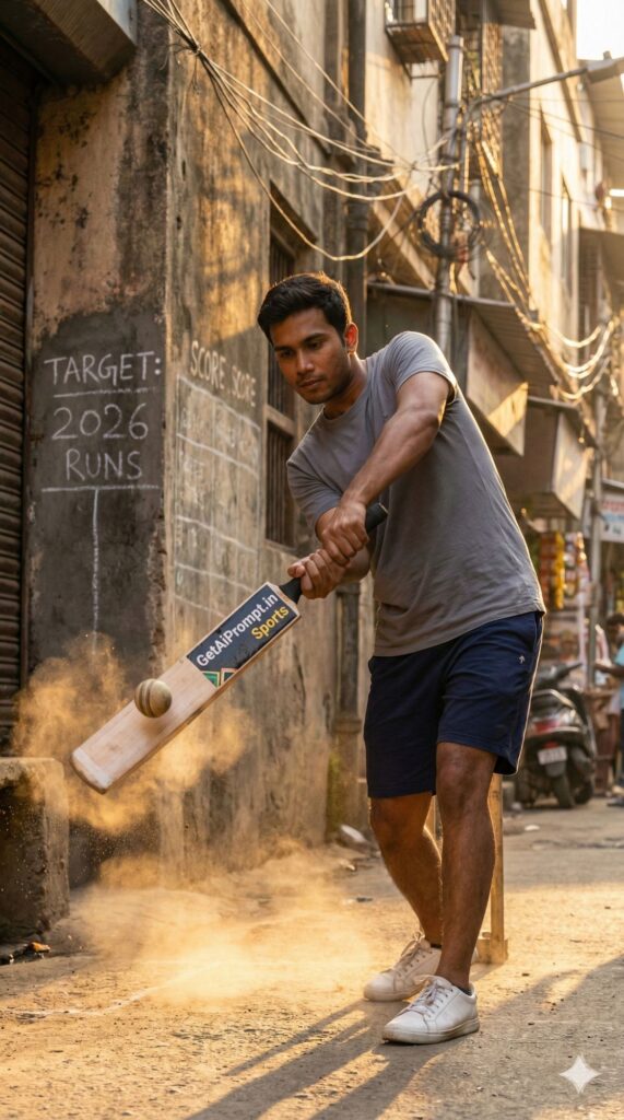 Option 6: The Gully Cricket Captain - Trend: Local Hero | Vibe: Narrow street, sunset dust, plastic bat, intense focus