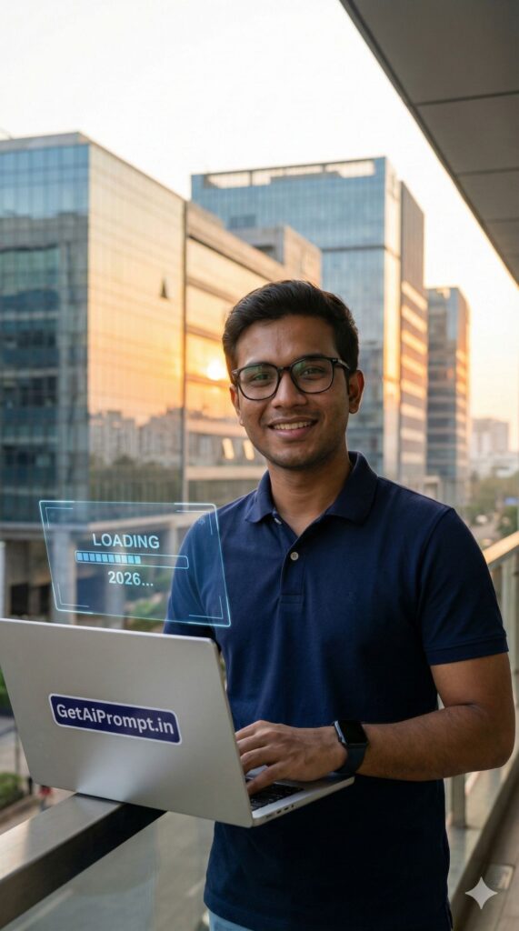 Option 9: The Corporate Techie - Trend: Skyline View | Vibe: Laptop, Bengaluru/Gurgaon skyline, ambition, smart casual