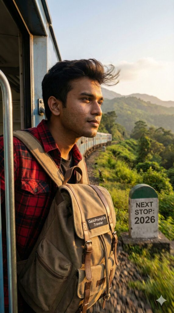 Option 10: The Backpacker - Trend: Wanderlust | Vibe: Train door/Mountain edge, trekking bag, freedom