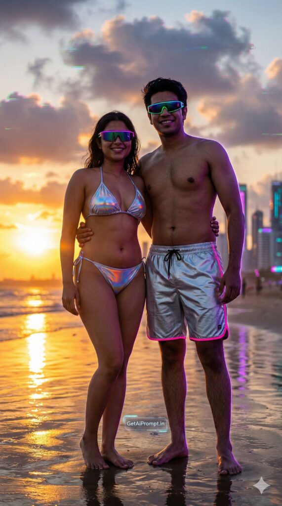 Option 2: The Cyber-Sunset Glow - Trend: Futuristic Aesthetic | Vibe: Gen Z appeal, synth-wave nostalgia mixed with 2026 futurism