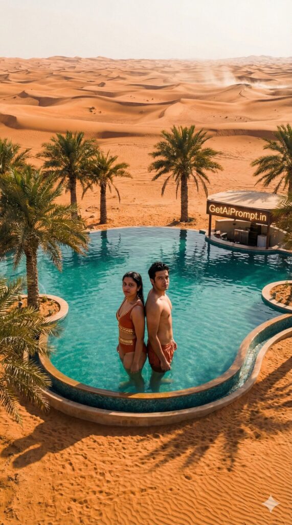 Option 7: The Desert Oasis Mirage - Trend: Exotic Contrast | Vibe: Striking contrast between arid heat and cool water, Dubai influencer style