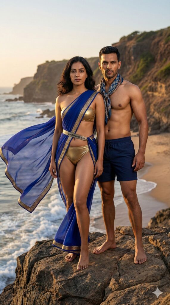 trend: Cultural Fusion Swimwear | Vibe: Editorial Fashion, Saree Bikini Trend