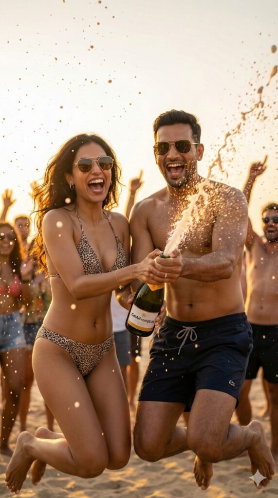 trend: Beach Party | Vibe: Champagne Spray, Celebration Photo, Dynamic Lifestyle