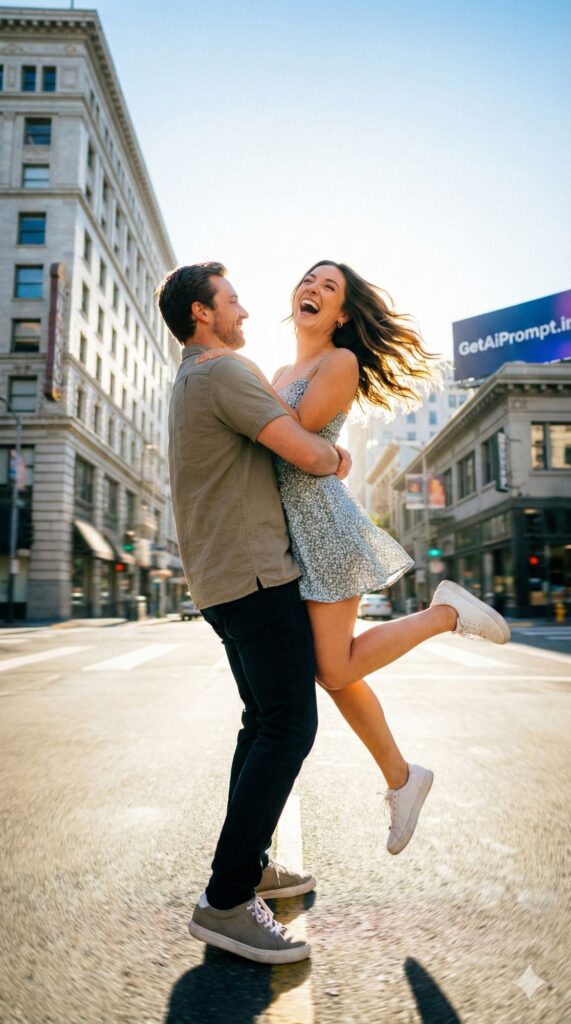 trend: Joyful Dynamic | Vibe: Rom-com movie poster, energetic, young love