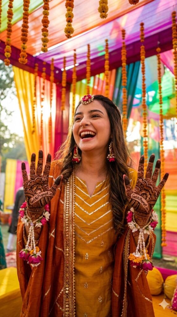 Option 12: The Mehndi Joy trend: Vibrant Candid | Vibe: Fun, Chaotic, Colorful