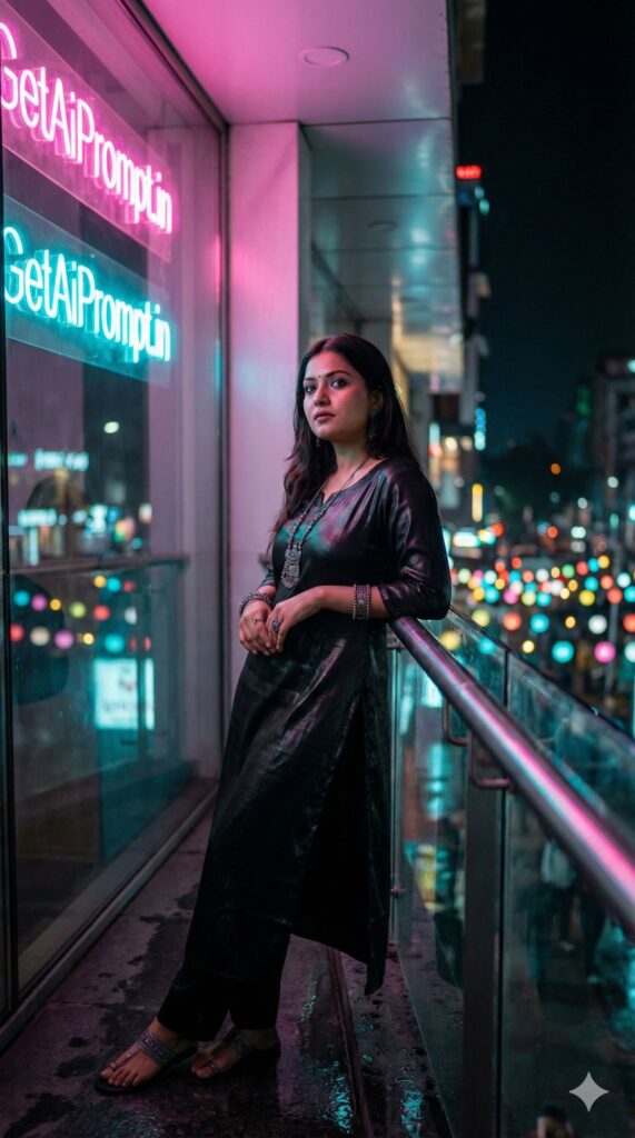 Option 26: The Neon Fusion trend: Cyberpunk Desi | Vibe: Night City, Edgy, Contrast