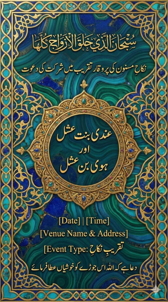 Trend: Persian Heritage | Vibe: Intricate, Vibrant, Artistic turquoise and gold Nikah card