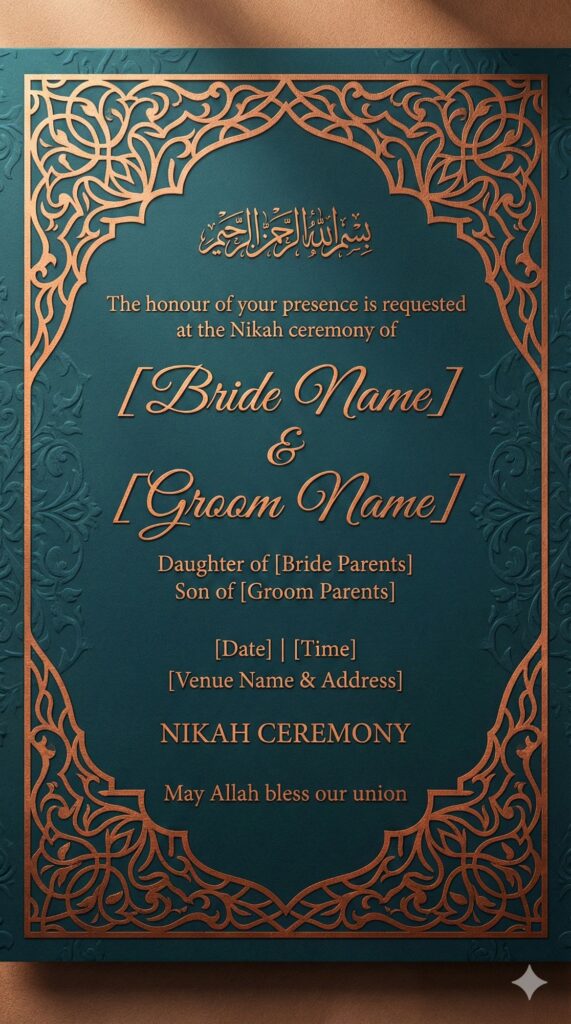 Trend: Metallic Modernism | Vibe: Warm, Intricate, Rich teal and copper Nikah invitation