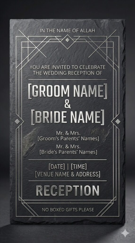 Trend: Masculine Industrial | Vibe: Sleek, Sharp, Formal silver and charcoal wedding reception invitation