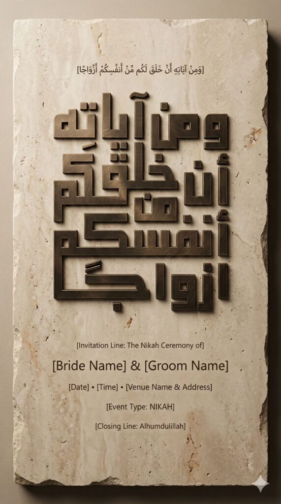 Trend: Architectural History | Vibe: Raw, Permanent, Monumental travertine stone Nikah invitation
