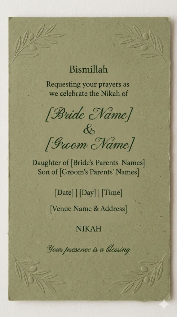 Trend: Eco-Luxury | Vibe: Natural, Calm, Sustainable olive green Nikah invitation