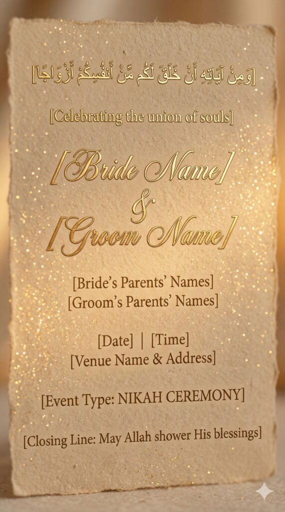 Trend: Organic Ethereal | Vibe: Magical, Warm, Soft gold dust Nikah invitation