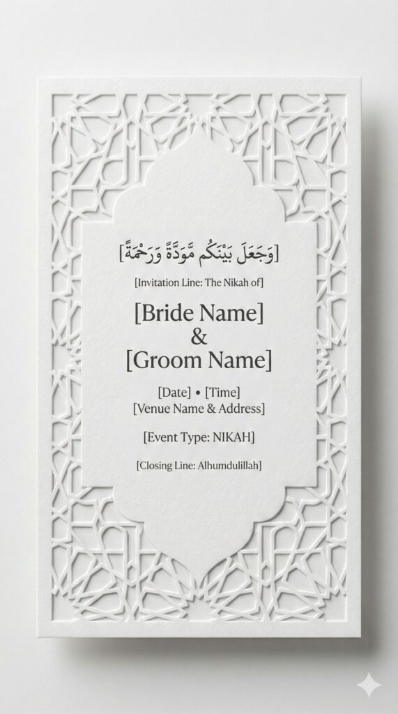 Trend: Ultra-Minimalism | Vibe: Zen, Pure, Architectural white embossed Nikah invitation