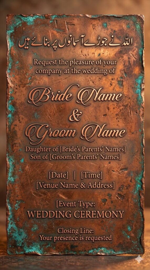 Trend: Rustic Antique | Vibe: Vintage, Textured, Unique copper patina wedding invitation