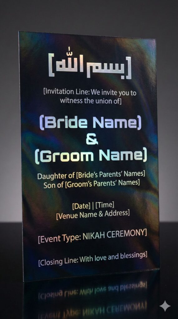 Trend: Dark Mode Luxury | Vibe: Futuristic, Sleek, Iridescent black pearl Nikah invitation