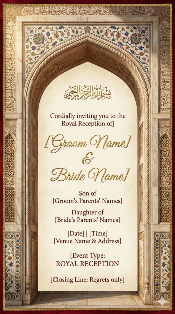 Trend: Historical Grandeur | Vibe: Royal, Symmetrical, Museum-Quality Mughal arch reception invitation