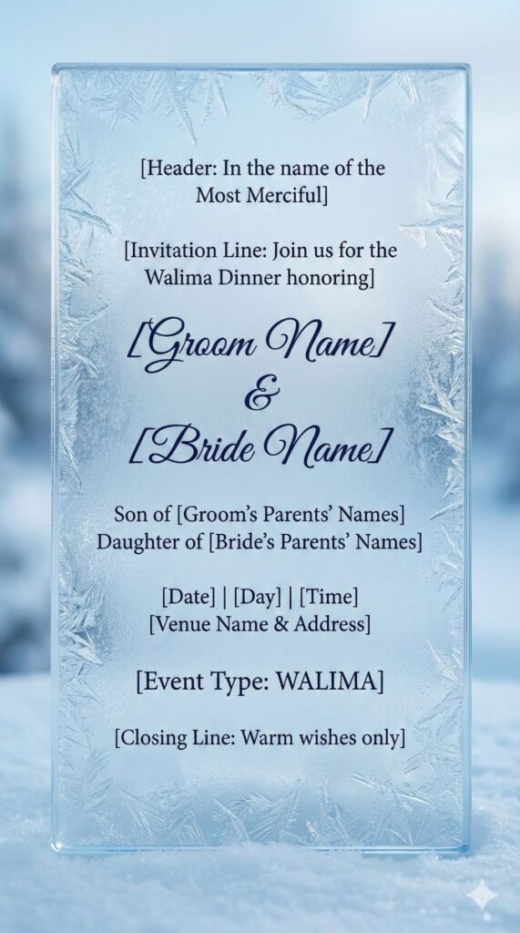 Trend: Winter Elegance | Vibe: Cool, Translucent, Sharp frosted glass Walima card