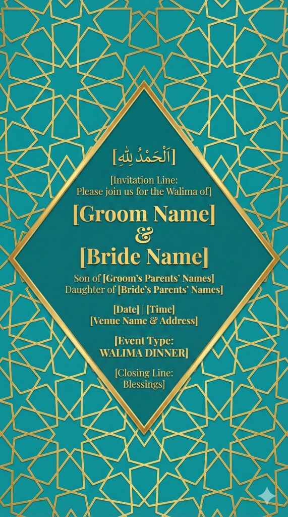 Trend: Modern Islamic Graphic | Vibe: Bold, Orderly, Vivid teal geometric Walima card