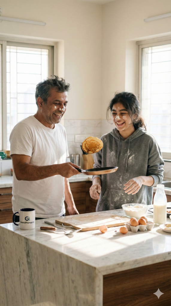 Cute father daughter kitchen cooking pancake candid lifestyle photography