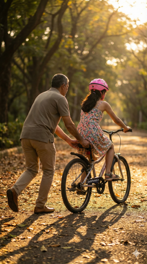 Father teaching daughter bicycle sunset emotional parenting AI photo