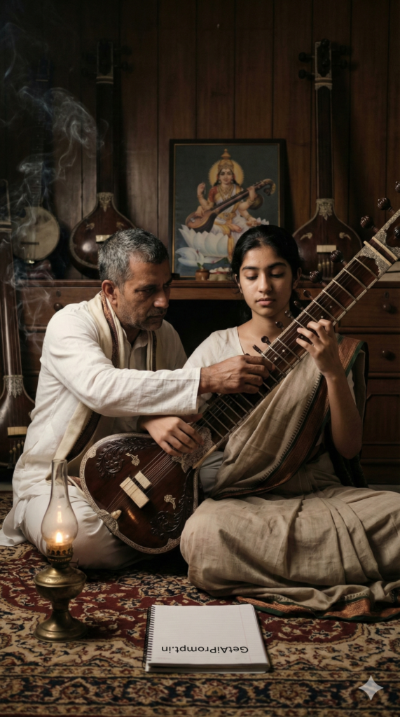 Indian classical music father daughter sitar lesson artistic portrait AI