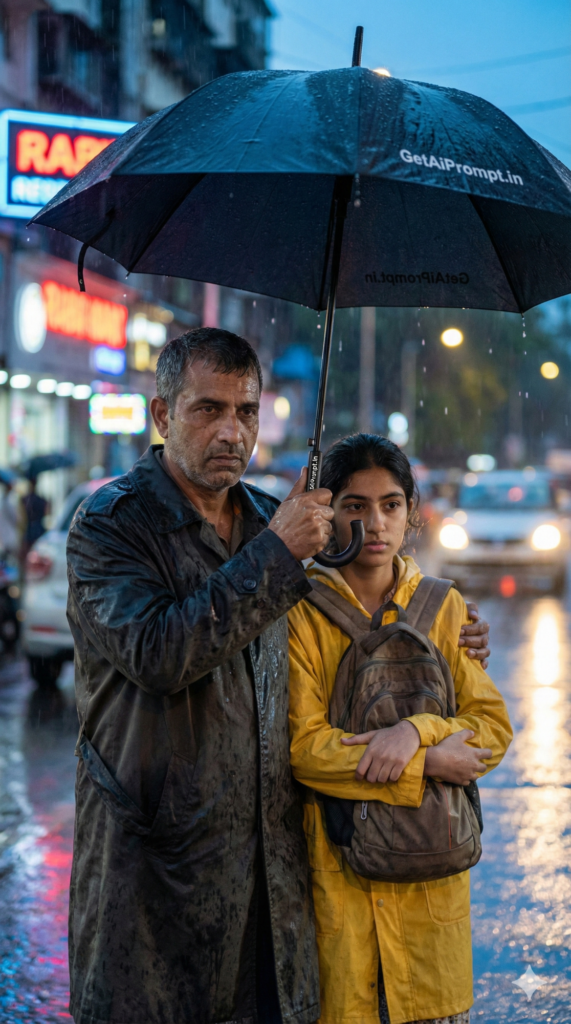 Father protecting daughter rain umbrella cinematic moody AI photography