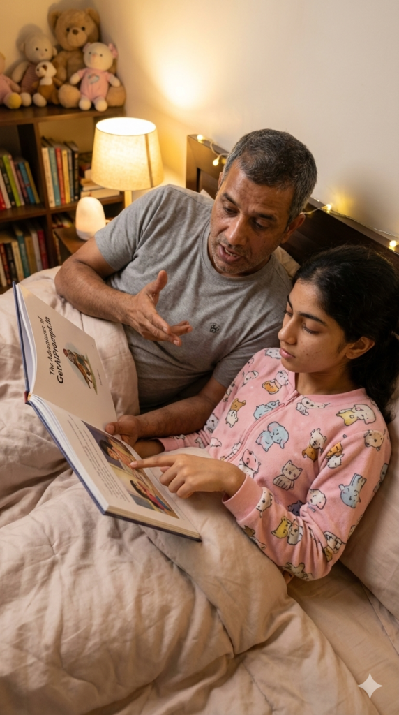 Father reading bedtime story to daughter cozy night photography AI