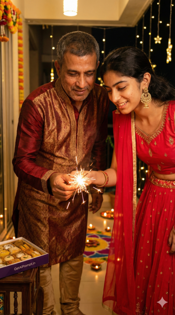 Diwali father daughter sparkler photo Indian festival photography AI