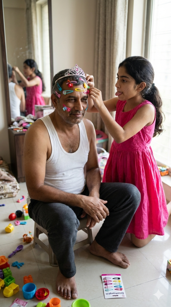Funny father daughter makeup makeover home candid viral AI photo