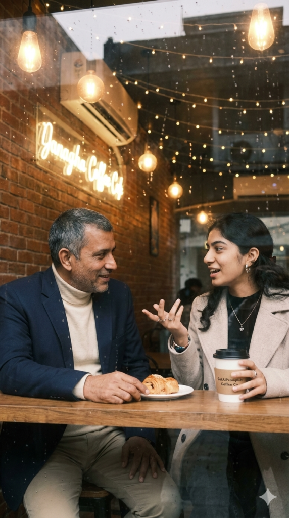 Father daughter coffee shop date aesthetic urban lifestyle photography