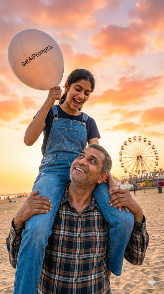 Father carrying daughter on shoulders happy family portrait AI