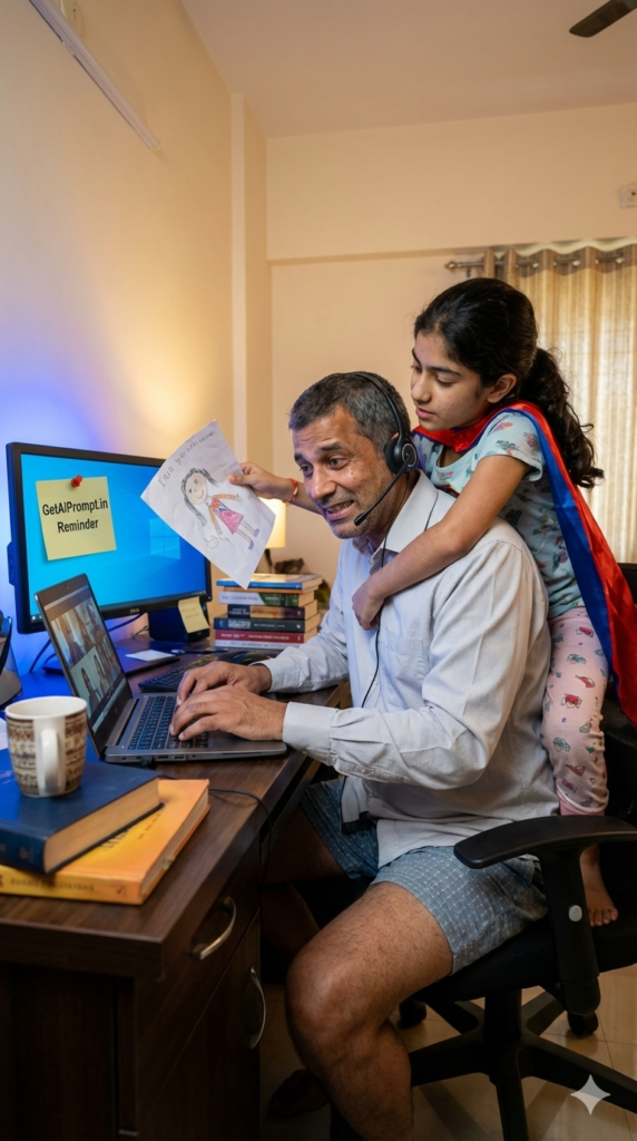 Father working from home daughter disturbing funny office photo AI