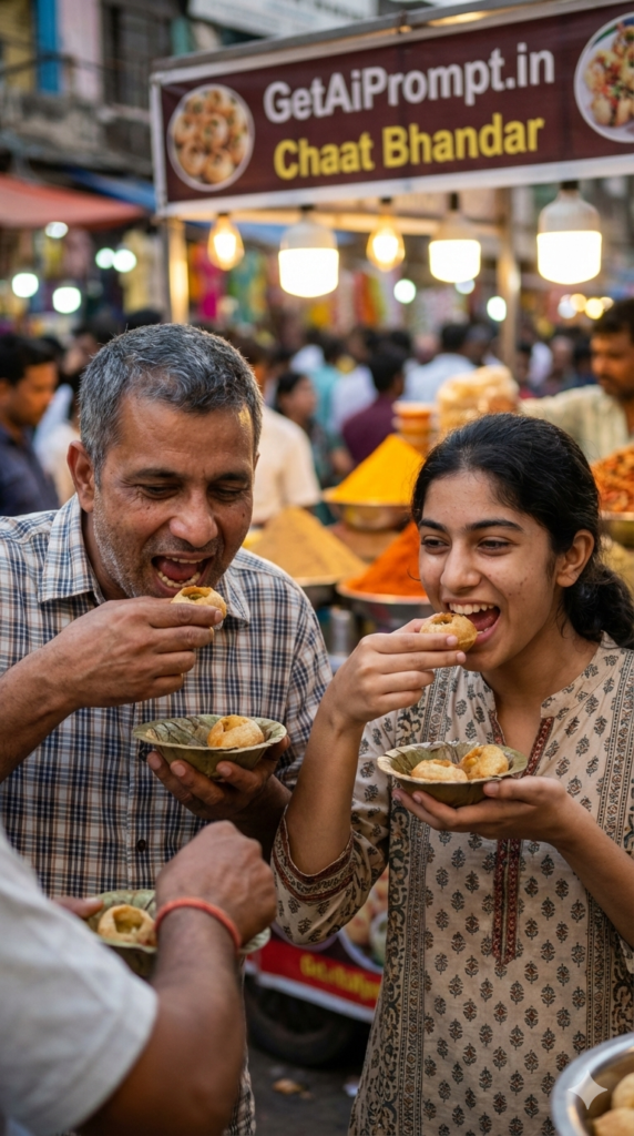 Father daughter eating golgappa pani puri street food photography AI