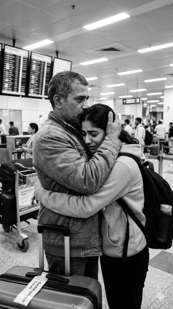 Father daughter airport hug goodbye emotional separation photo AI