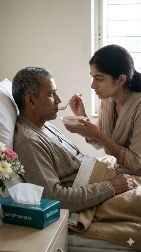 Daughter taking care of elderly father hospital home emotional photography AI