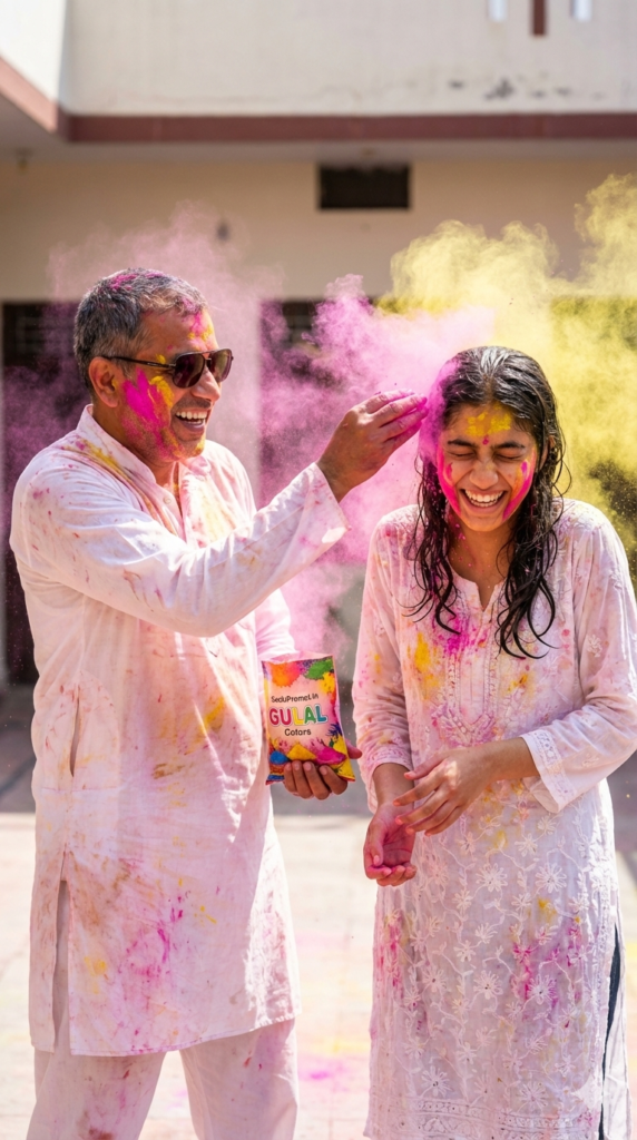 Father daughter playing Holi India colors festival photography action shot