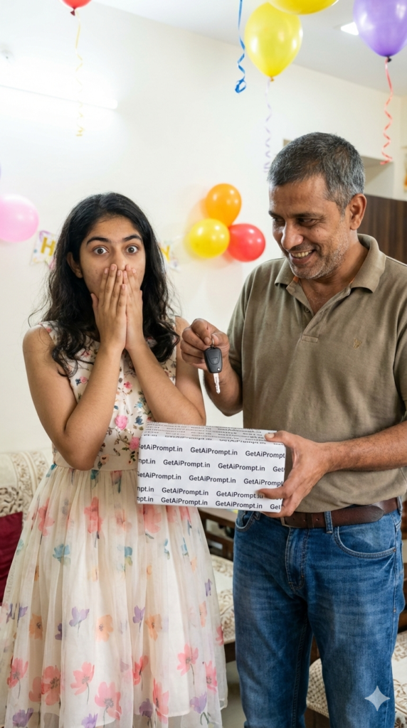 Father surprising daughter with gift reaction photo joyful moment AI